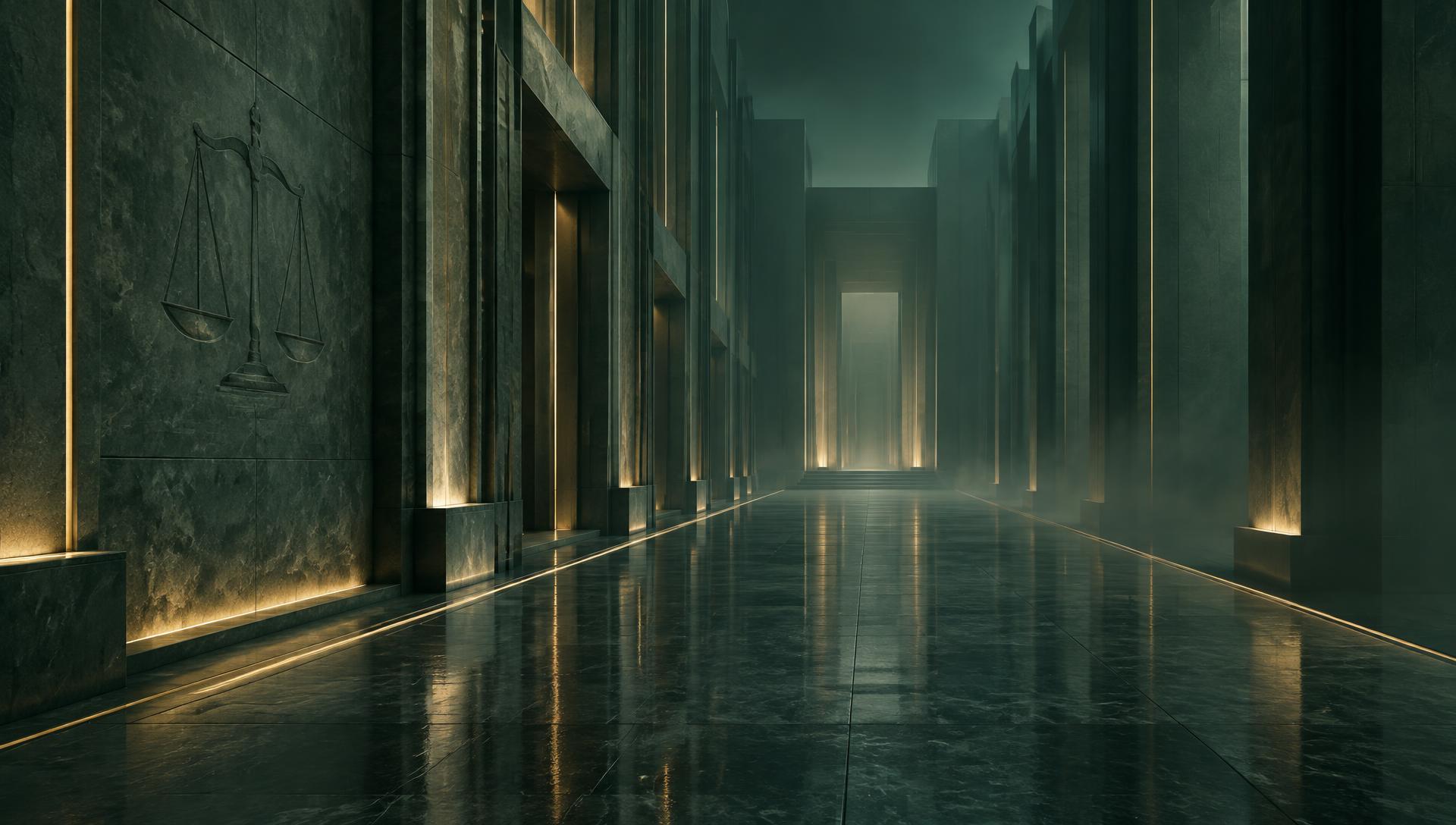 ممر معماري أنيق بعمق وضباب أخضر يرمز إلى السبيل والاتجاه نحو الأمام